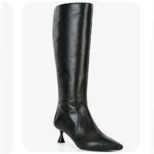 NEW Black Leather Pointy Toe Croc Emboss Back Kitten Heel Tall Boot Alex Marie